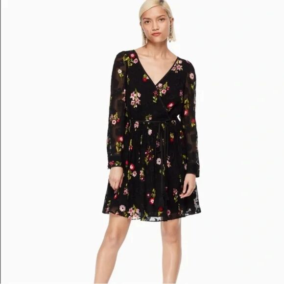 Kate Spade Bloom Chiffon Black Floral Silk Dress Size 8 - Picture 2 of 9